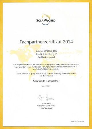 SolarWorld Fachpartnerzertifikat 2014