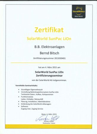 Zertifikat SolarWorld SunPac LiOn